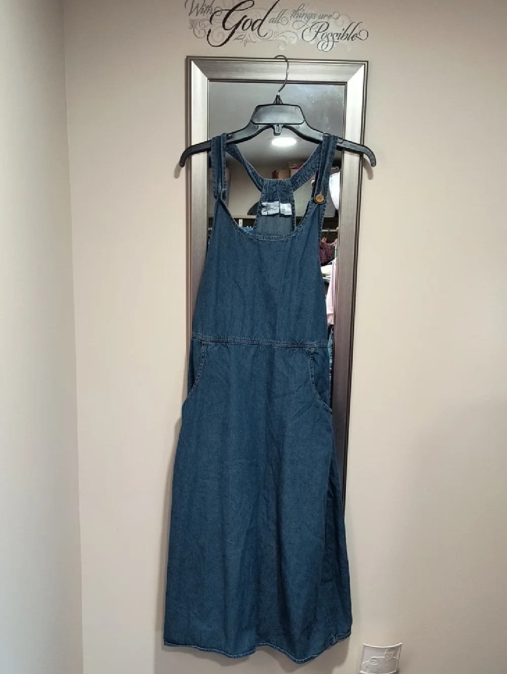 The Vermont Country Store Denim Pinafore Dress in Medium Blue - Picture 1 of 5